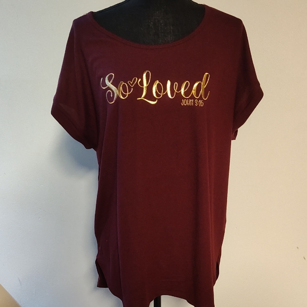 Chic Burgundy 'So Loved' Tee with Gold Script